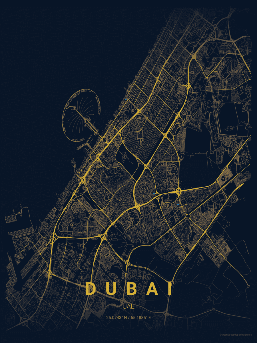Custom Dubai city map poster in midnight blue — a stunning engagement gift